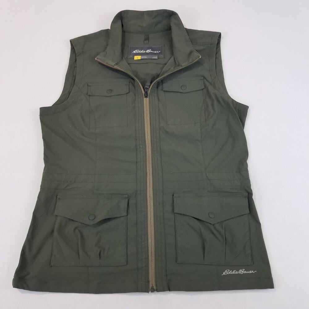 Eddie Bauer Travex Vest Womens Large Olive Green Utility Cargo Travel Stretch